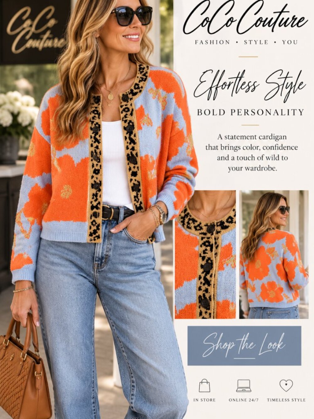 RCJY07182 Leopard Trim Patchwork Bold Orange Sweater